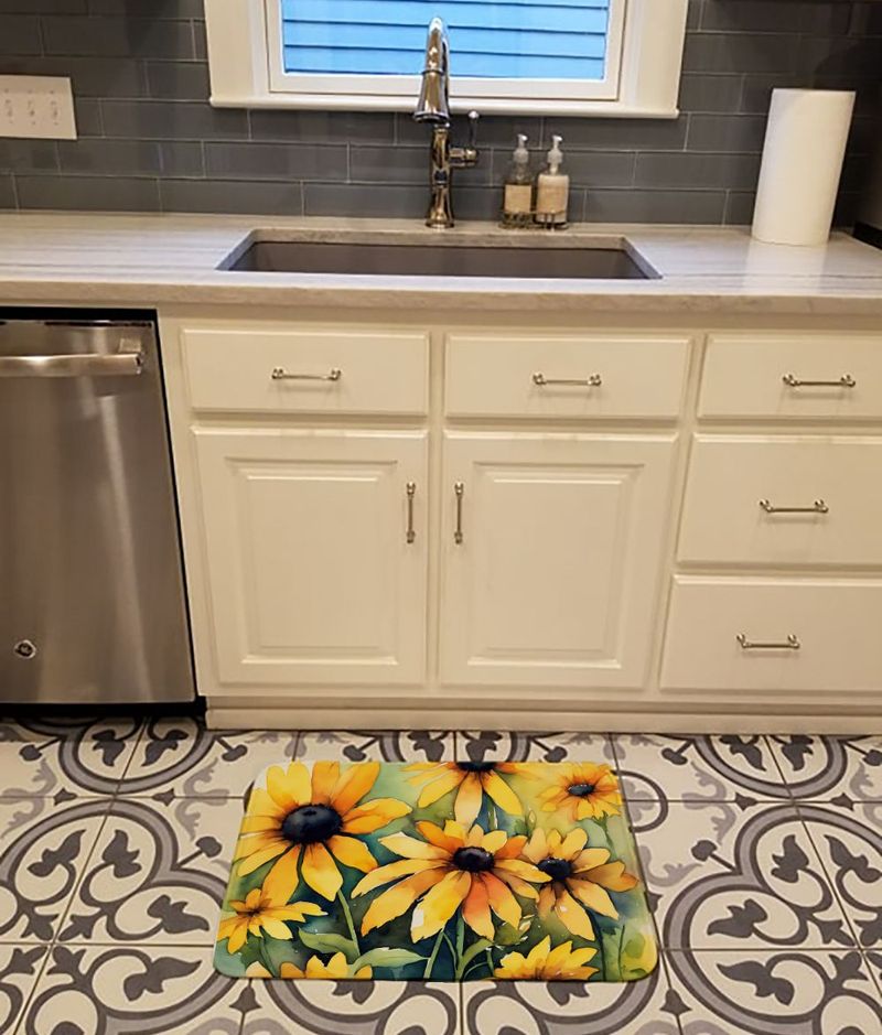 Maryland Black-Eyed Susans In Watercolor Memory Foam Kitchen Mat Machine Washable Anti-Fatigue Mat Cushion Comfort Bath Mat Or Kitchen Rug_voghion.com