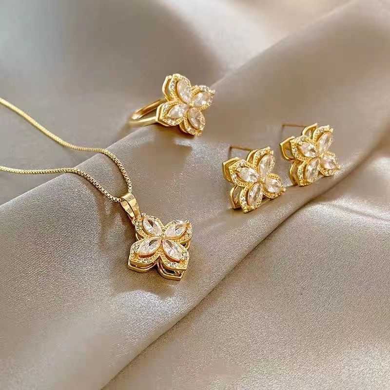 Ohrstecker, Halskette, Ringset, 2024 Lucky Turn, Rotating Petal Jewelry Set, 3-teiliges Set_voghion.com