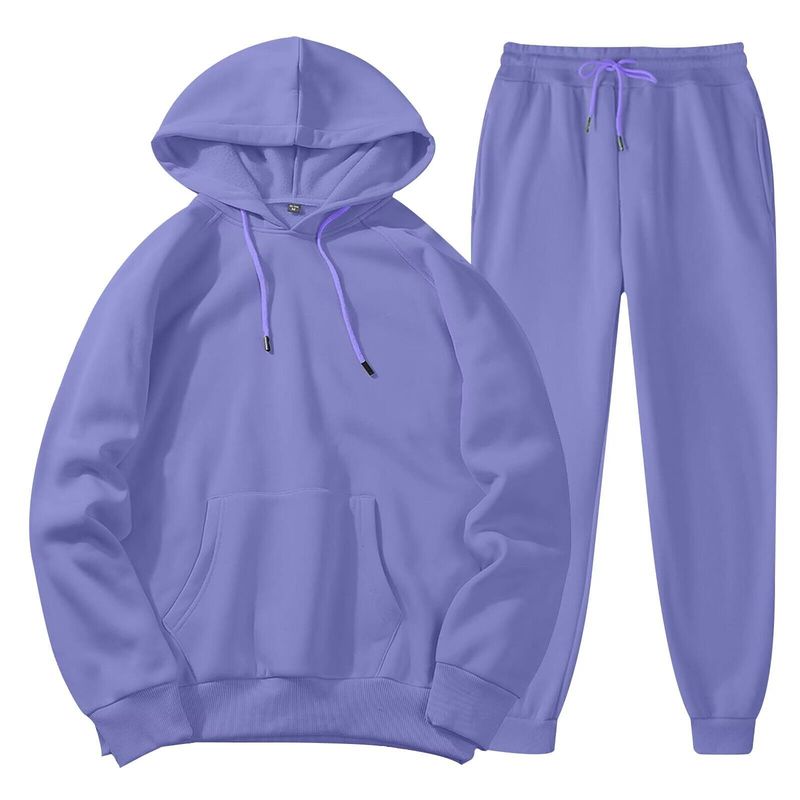 Dameskleding Herfst en winter heren capuchon effen kleur licht plaat pullover sweatshirt set casual sport hoodie sweatshirt broek tweedelige set_voghion.com