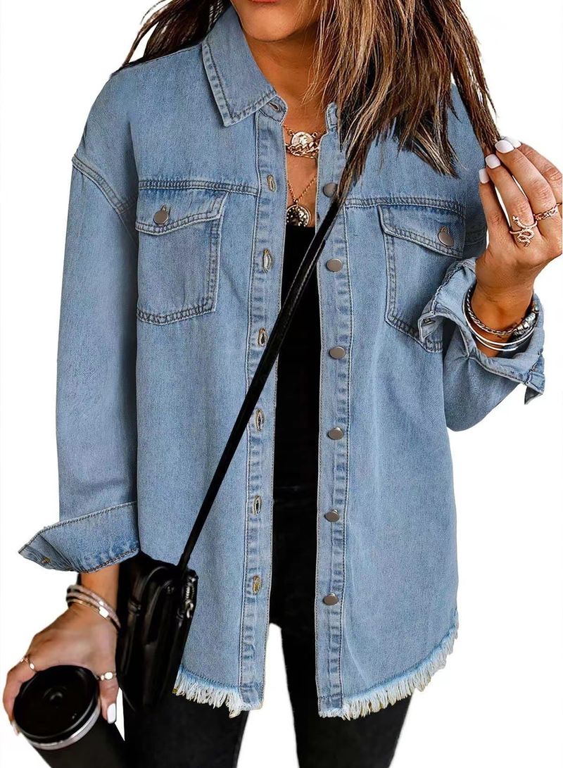 Giacca in denim lavato effetto consumato per donna - Cappotto streetwear oversize con orlo grezzo per autunno e inverno_voghion.com