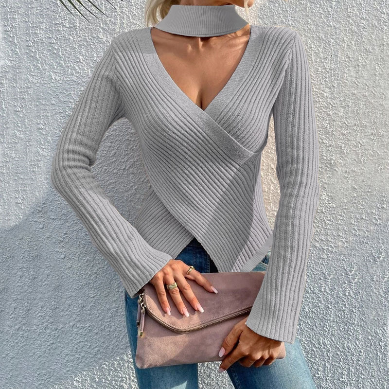 Pull dos nu à col en V pour femme, tricot_voghion.com