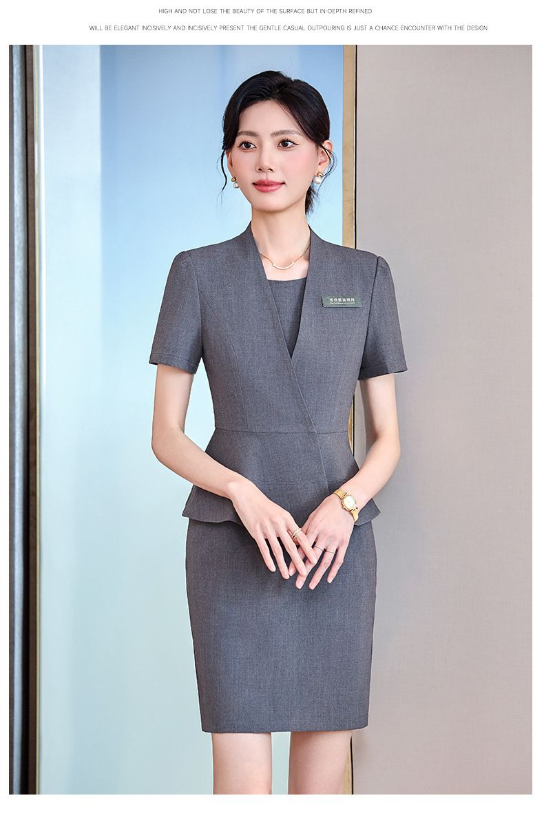 Grey Short Sleeved Suit Dress, Women's Summer New Style, Hotel Manager, Front Desk Reception, Jewelry Store Sales_voghion.com