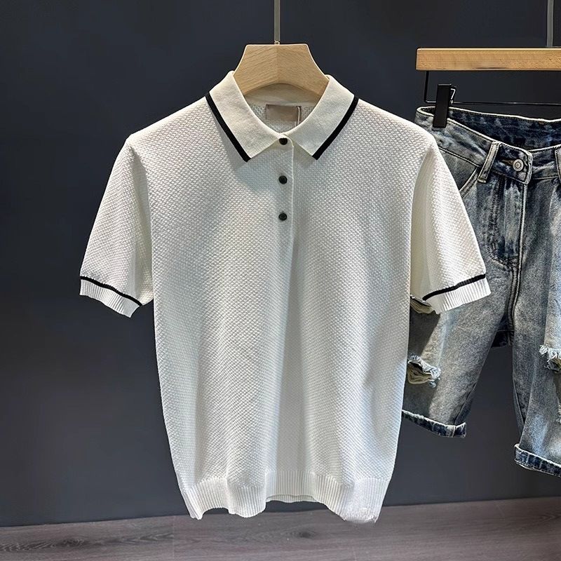 Maglietta a maniche corte da uomo, vestibilità slim casual, in maglia - Maglietta traspirante in misto cotone a maniche corte, per abbigliamento casual e quotidiano (nero/bianco)_voghion.com