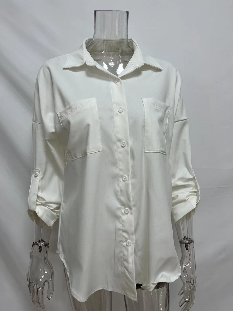 Camicia in denim da donna, camicia da cappotto casual all-match a maniche lunghe con doppia tasca ampia_voghion.com