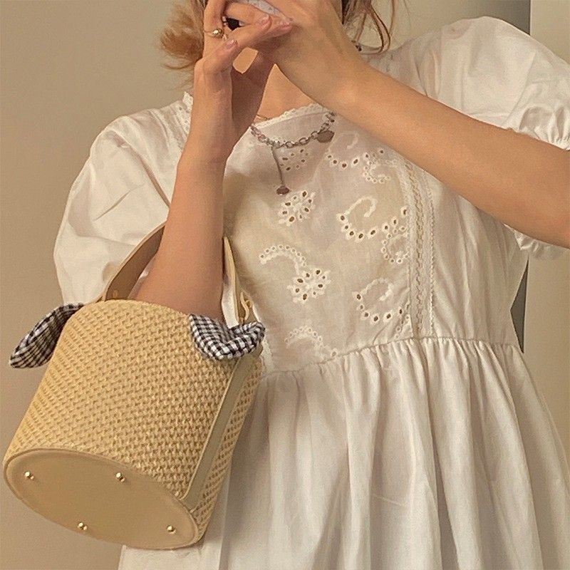 Borsa a secchiello con fiocco scozzese, borsa di paglia, borsa a tracolla versatile alla moda, borsa a tracolla intrecciata_voghion.com