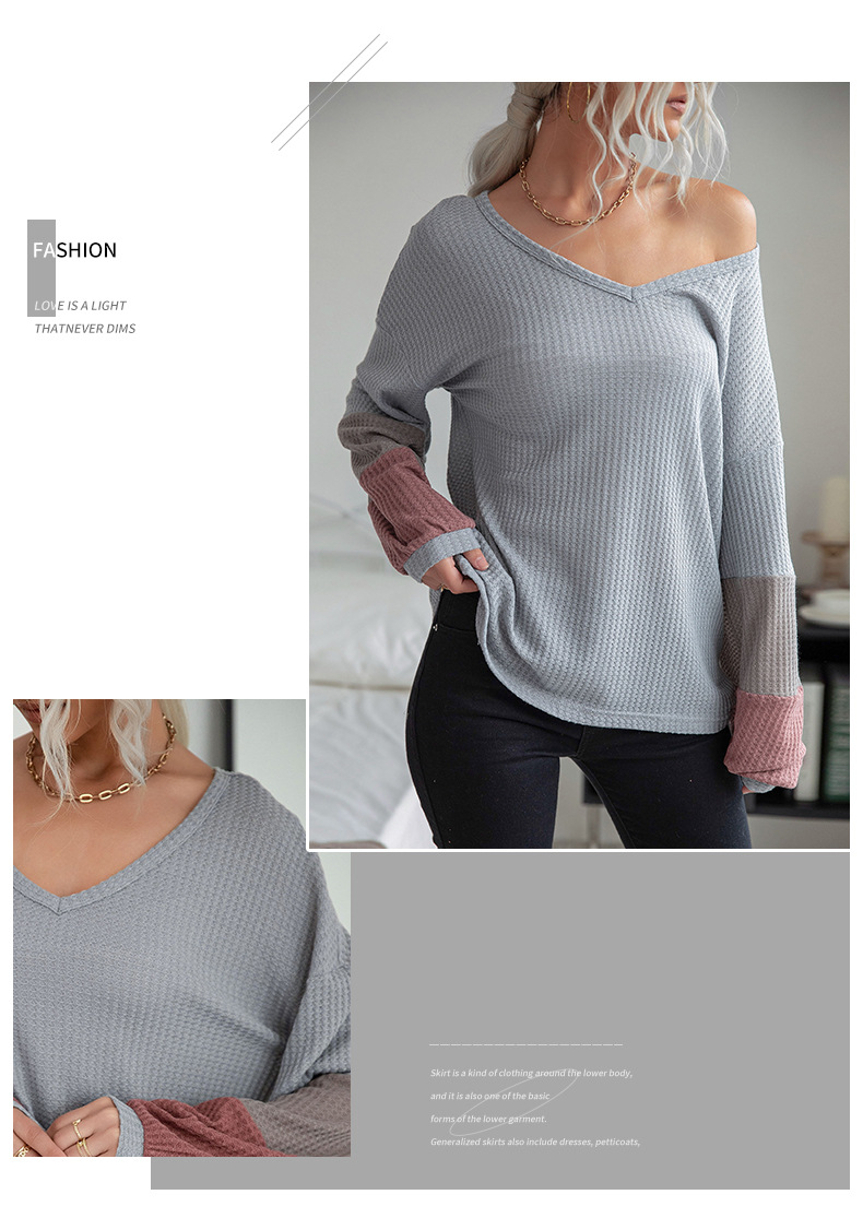 Suéter casual solto com decote em V cinza e manga comprida_voghion.com