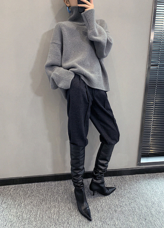 Pull ciré doux à col roulé pour femme, sensation ample, avec base en tricot coupe-vent paresseux_voghion.com