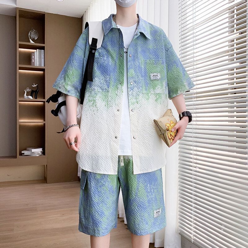 Men's Clothing Gradient Color Short Sleeved Shirt Men's Summer Half Sleeved Suit Casual Versatile Hong Kong Style Jacket Printed Handsome Shirt_voghion.com