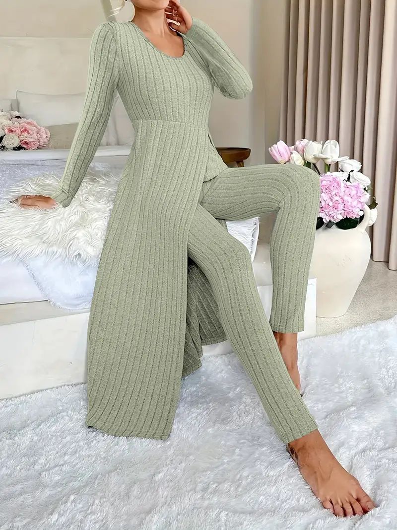 Damen Kleidung Design Rundhals Split Langarm Zweiteiler Anzug Gerippt Frühling_voghion.com
