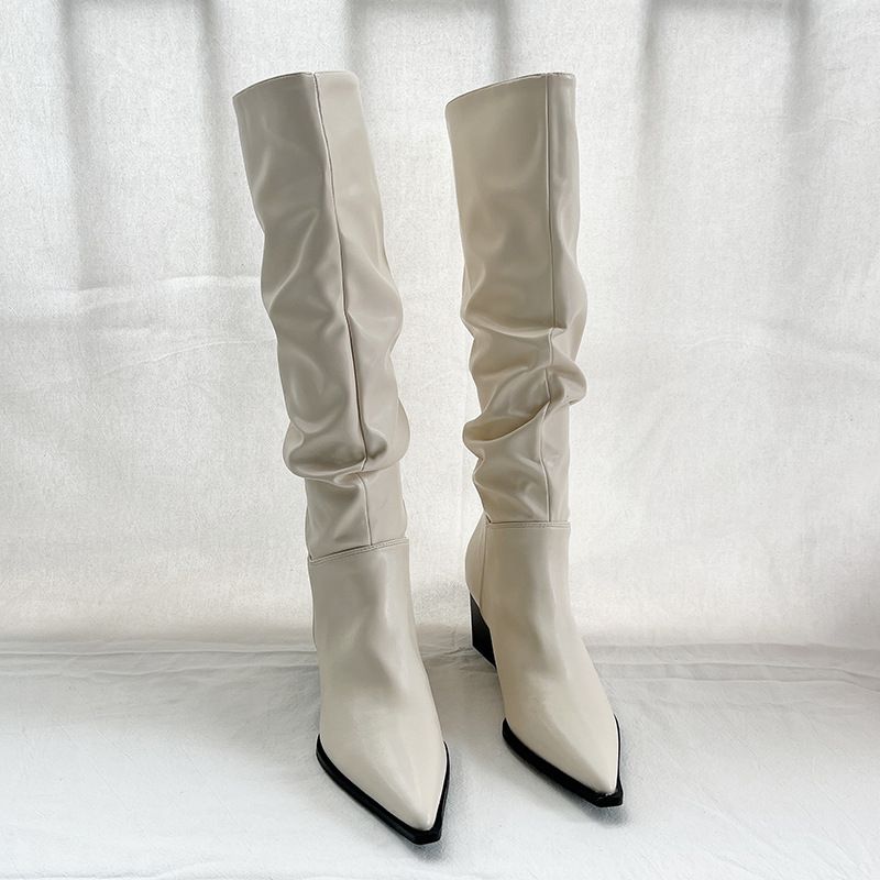 2023 Autumn Pointed Toe Chunky For Women Wrinkled Slip-On Riding High Heel Over-the-Knee Long Boots_voghion.com
