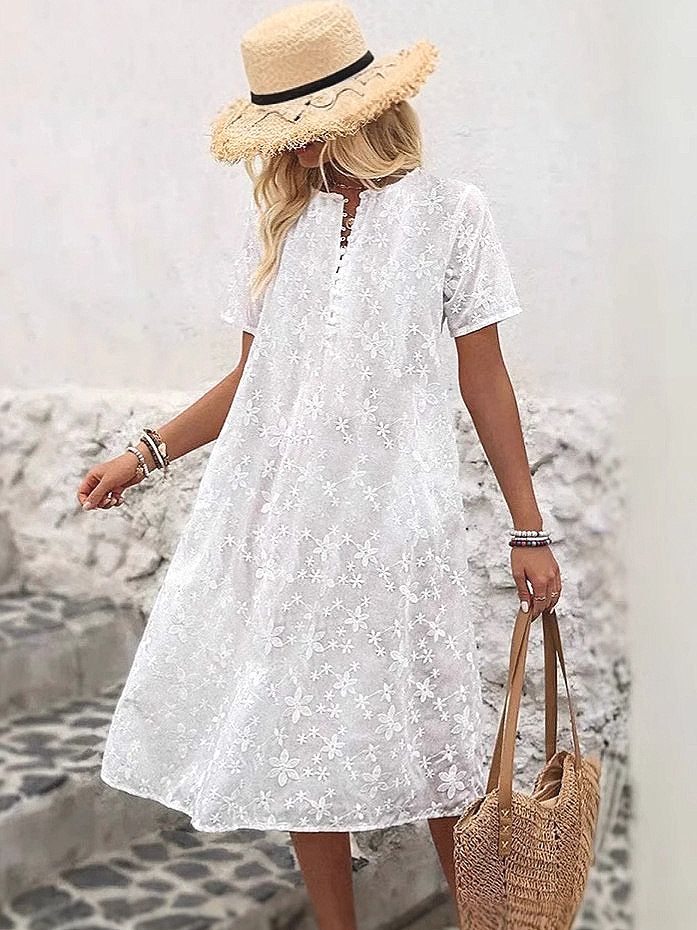 Linen Loose Plus Polka Striped Sleeve Short The Midi Autumn Spring Friendly Button Zipper Printed Wrinkle Attire Outfit_voghion.com