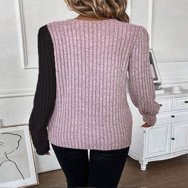 Women's Clothing Z Round Neck Color Matching Pit Hem Long Sleeve Spring And Autumn Knitted T Shirt_voghion.com