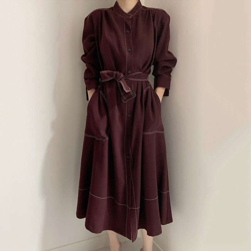 Women's fashion simple and elegant stand-up loose lace-up dress_voghion.com