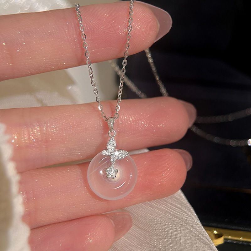 Exquisite And Versatile White Jade Pendant S Pure Silver Butterfly Safety Buckle Necklace Women, Light Luxury Niche Gift_voghion.com