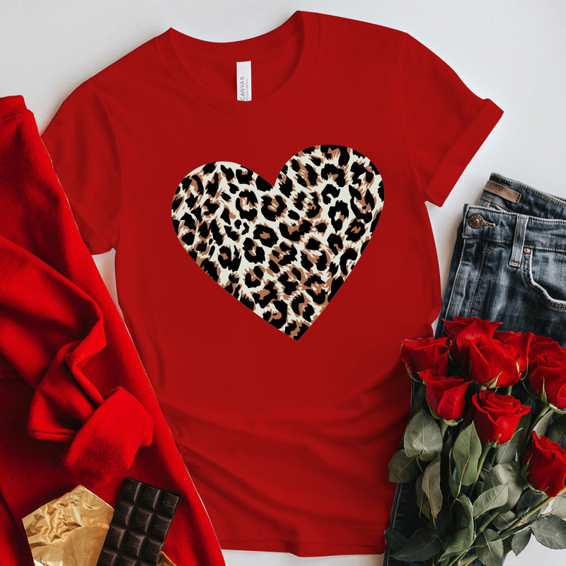 Valentine's Day short-sleeved large size couple T-shirts women's tops leopard print love print tops t-shirts for women_voghion.com