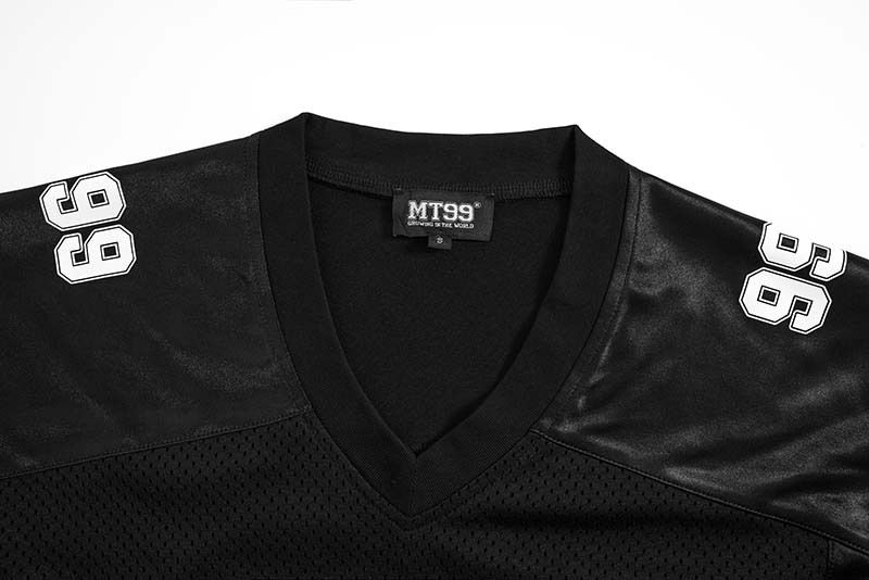 Maillot de sport à col en V et manches courtes pour homme, imprimé lettres et chiffres, en maille patchwork, tendance et ample_voghion.com