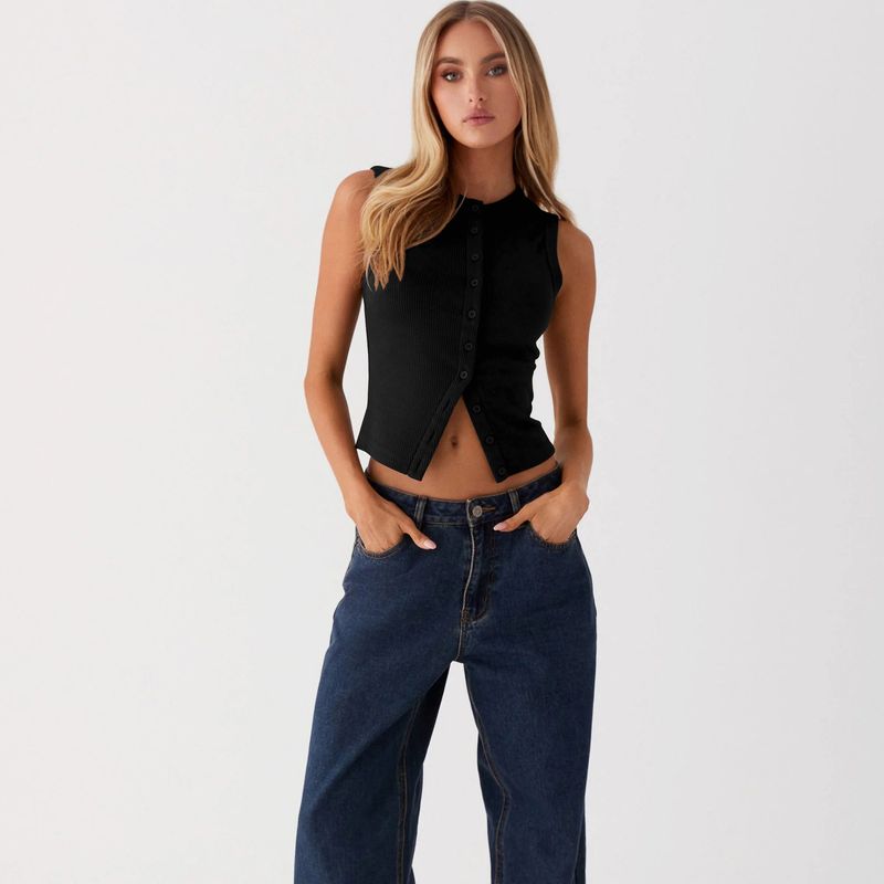 Damenbekleidung Sommer Y2K Slim Hot Girl Ärmellose Weste mit Rundhalsausschnitt und gerippten Knöpfen_voghion.com