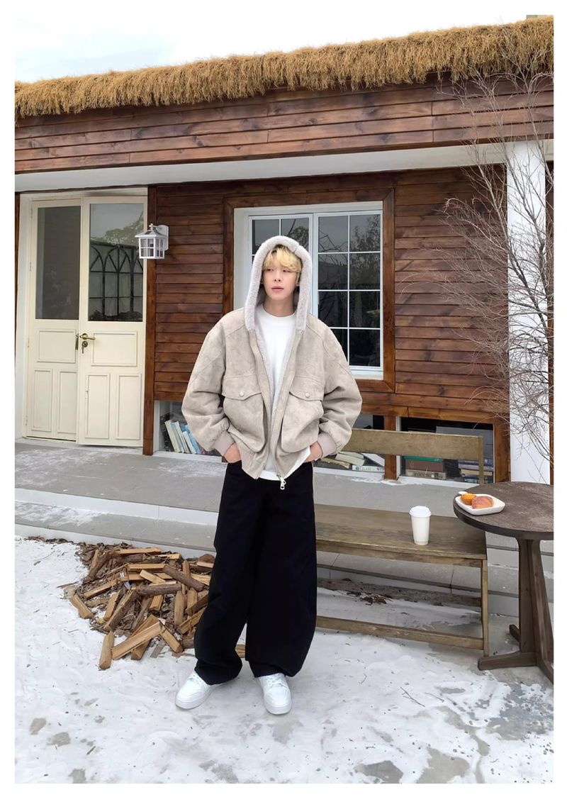 Men's Winter Hooded Puffer Jacket, Oversized Style, Retro Quilted Coat With Marble Print, Streetwear-Inspired Warm Outerwear_voghion.com