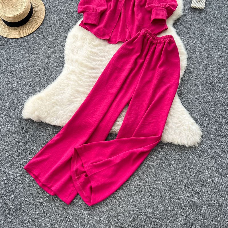 Women's Clothing Light Mature Style Casual Tie Waist Long Sleeve Single Breasted Shirt High Waist Wide Leg Straight Pants Loose Feeling Two Piece Set_voghion.com