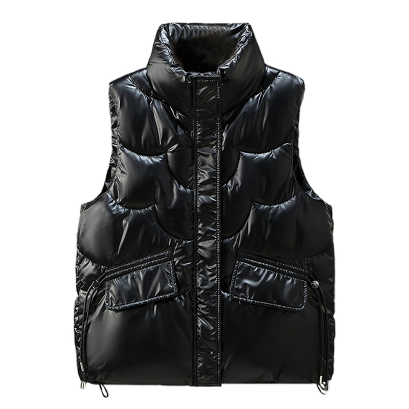 Womens Sleeveless Warm Puffer Vest Outerwear Stand Collar Zipper Up Shiny Solid Padded Gilet Waistcoat with Pockets D10_voghion.com
