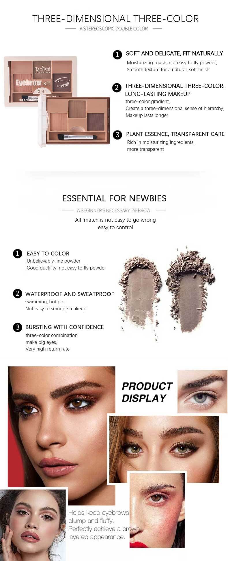 Augenbrauenpuderschale, dreifarbige Make-up-Explosion, Lidschattenschale, dauerhaft wasserfest und nicht leicht zu entfernen, Make-up-Augenbrauenpuderschale_voghion.com