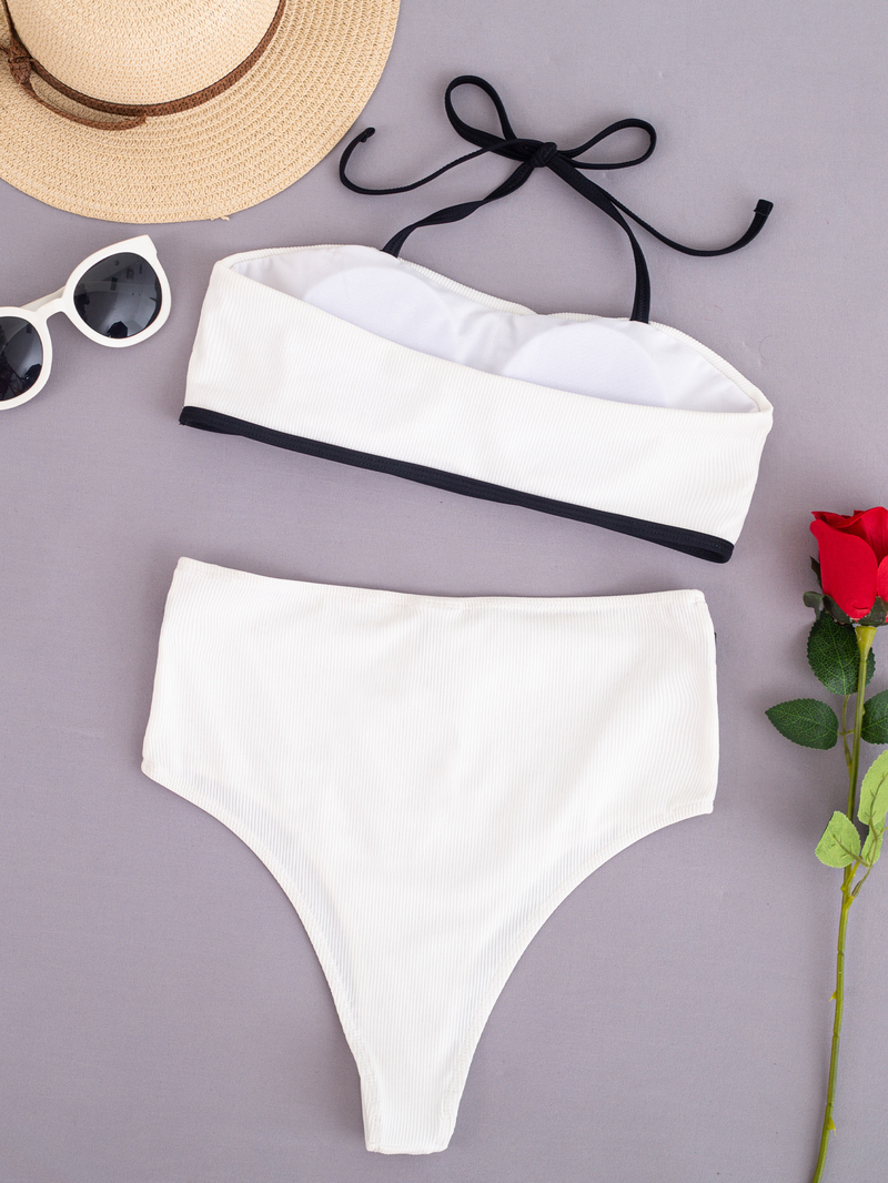 Schwarz-weißer, gespleißter, geteilter Badeanzug für Damen, sexy Bikini_voghion.com