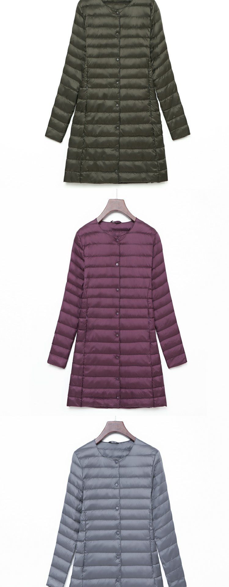 Doudoune longue légère pour femme avec fermeture à boutons-pression, coupe ajustée, col rond, doublure chaude en plumes de canard, manteau mi-long tendance_voghion.com