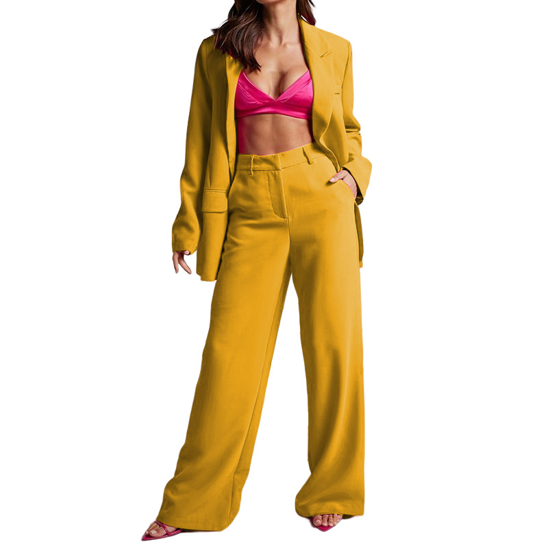 Pantaloni larghi da donna a gamba larga a vita alta a maniche lunghe con risvolto casual, due pezzi_voghion.com