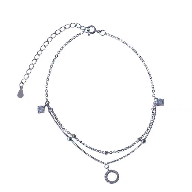 Fangxing S Cavigliera con anello rotondo a doppio strato in argento puro per donna, design semplice e alla moda, catena nuda di alta qualità_voghion.com