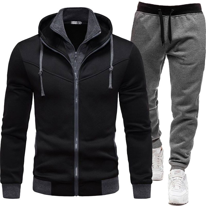 2024 new autumn and winter patchwork jacket, casual long sleeved pants, hooded sports men's set, two-piece set_voghion.com
