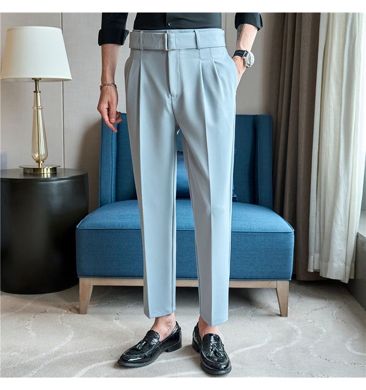 Neue Produktempfehlung Herren Freizeithose Gürtel dekoratives Design Hautstruktur Plisseehose Neapolitanische Hose_voghion.com