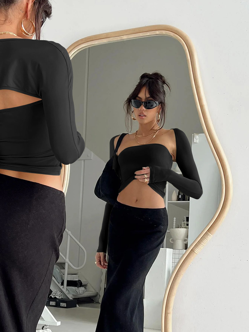 Sexy T-skjorte med tubetopp og langermet tettsittende bluse til dame, todelt sett med topper_voghion.com