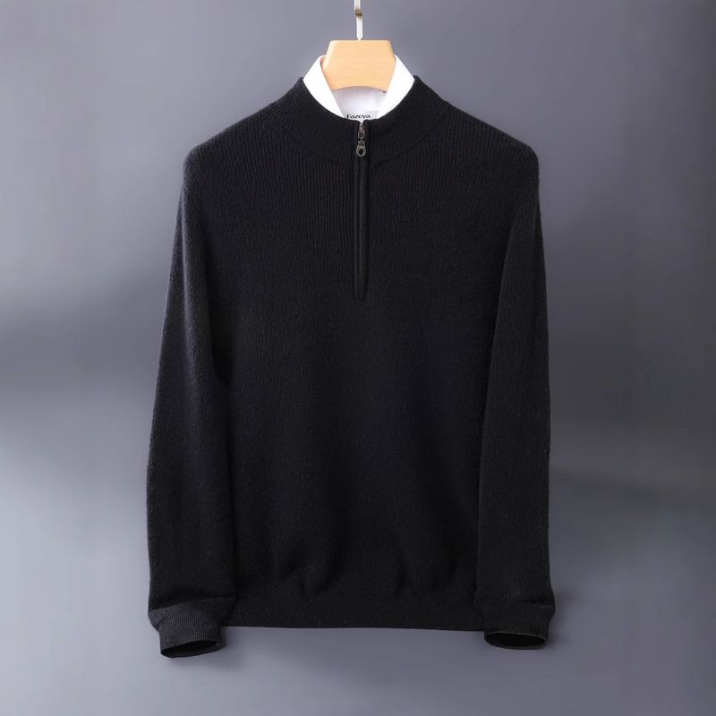 Thickened Cashmere Sweater Men's Cashmere Semi-turtleneck Zipper Sweater Youth Business Casual Top_voghion.com