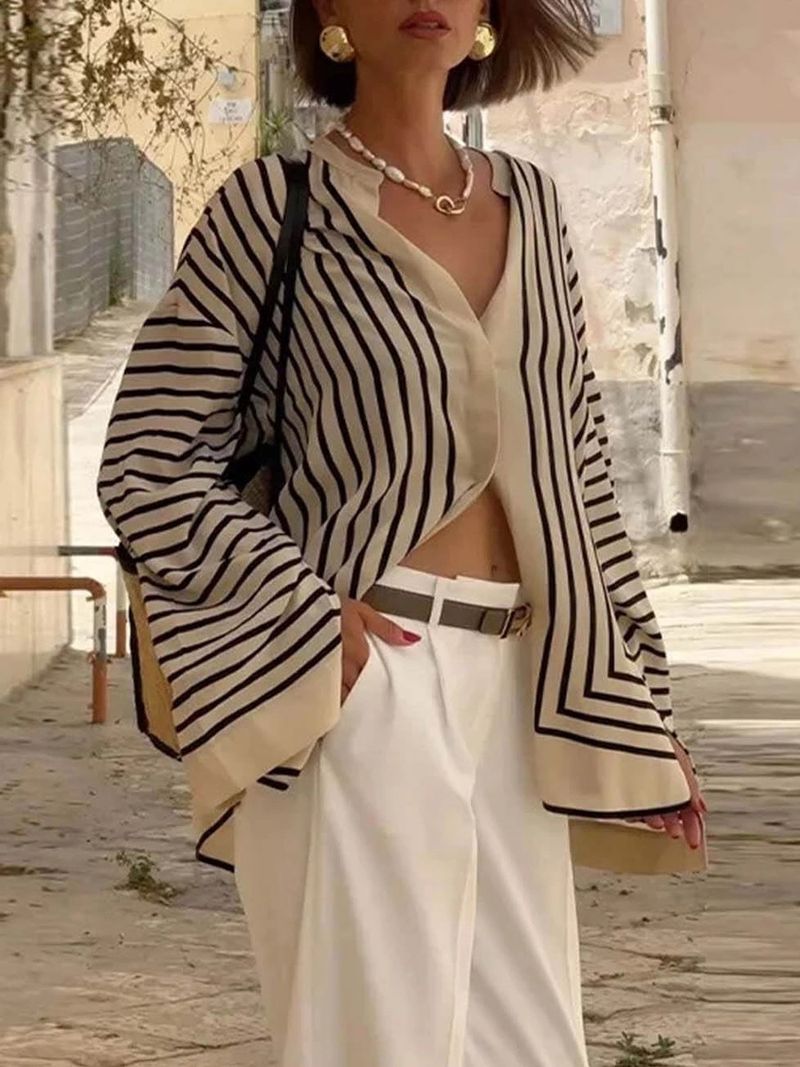 Damenbekleidung Frühling Neue Langarmhemd Gestreiftes Loses Strickjackenhemd Damen_voghion.com