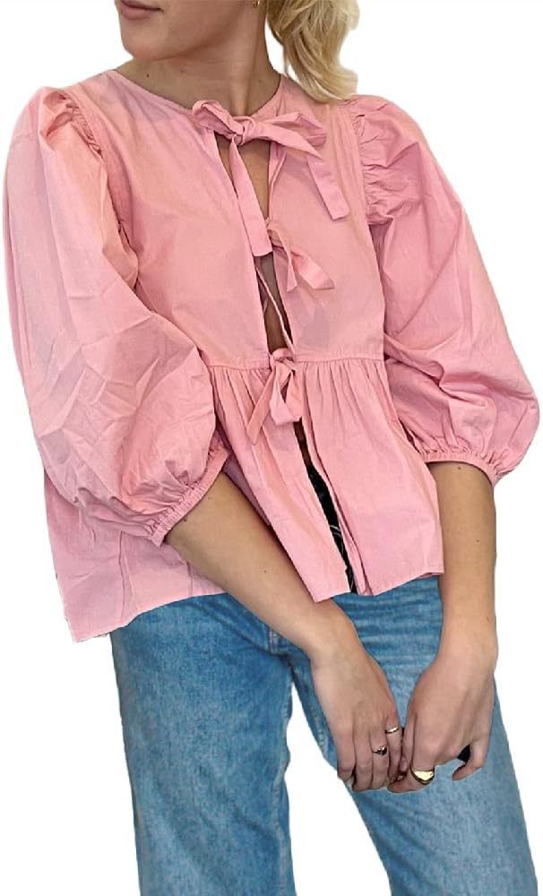 Women's Clothing Tie Front Top Leopard Print Ruffle Babydoll Top 3/4 Length Puff Sleeves_voghion.com