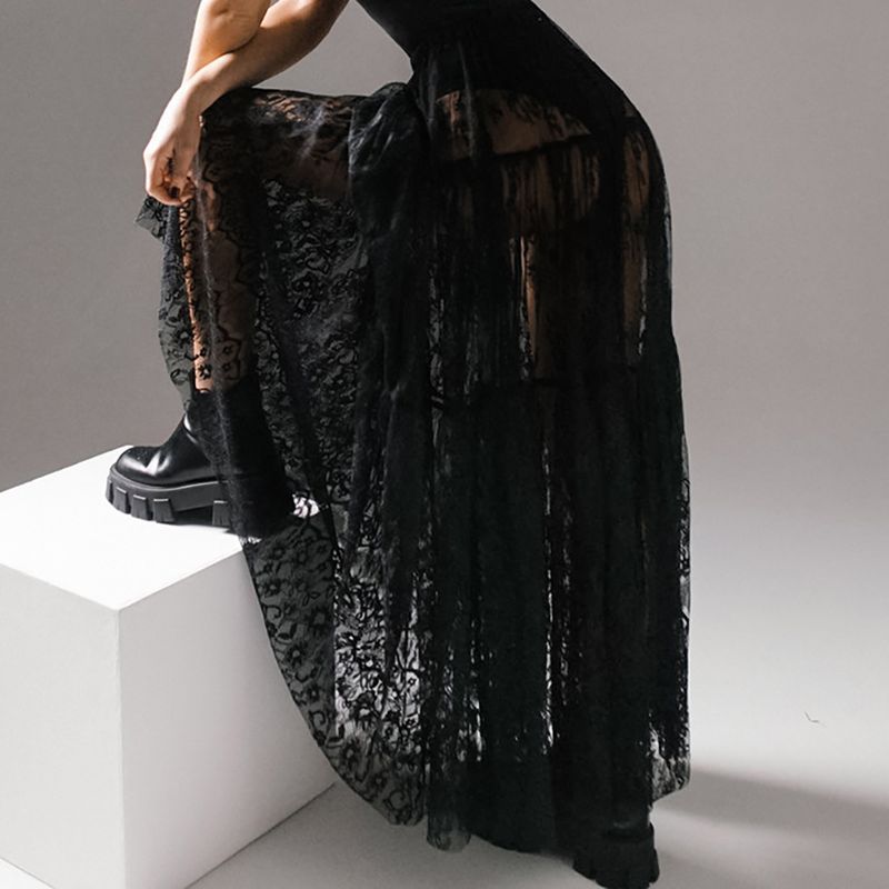 Gonna a pieghe in rete a vita alta con pizzo traforato, nuova primavera 2025, vintage, sexy, trasparente, stile europeo e americano_voghion.com