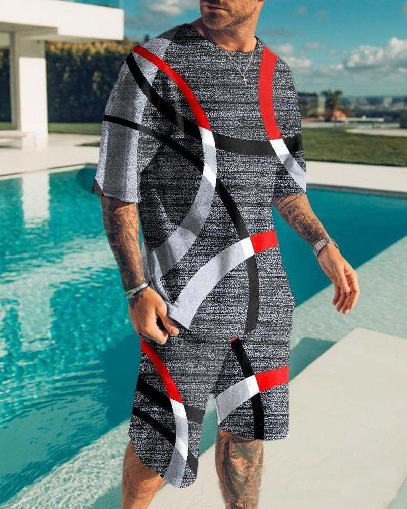 Set di pantaloncini T-shirt stampati digitali 3D con texture casual stile spiaggia alla moda dei nuovi uomini estivi 2024_voghion.com