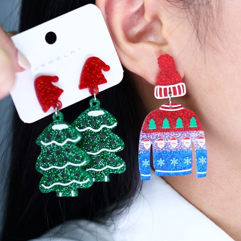 Orecchini pendenti creativi con campanella in acrilico, personalizzati con albero di Natale e maglione da uomo anziano_voghion.com
