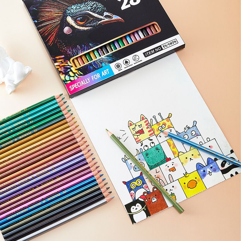 Eleganckie 28-kolorowe metaliczne kredki do rysowania, szkicowania i prac artystycznych – wysokiej jakości drewniane etui, żywe metaliczne odcienie dla studentów i artystów_voghion.com