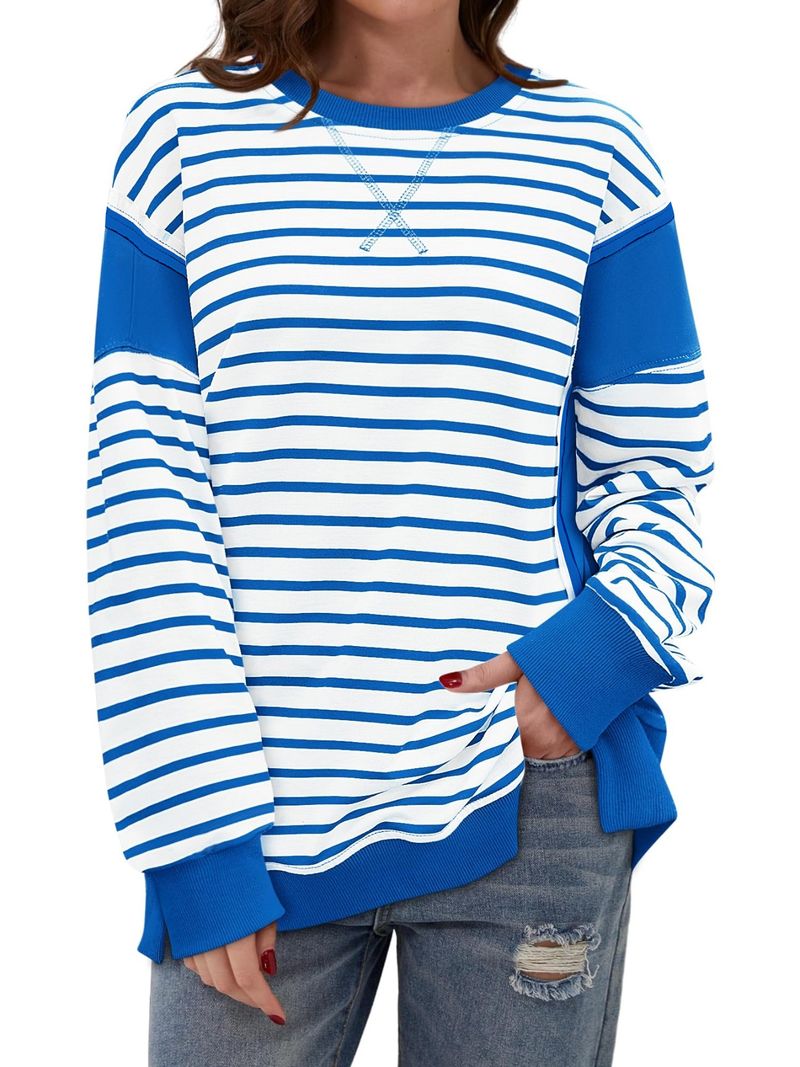 T-shirt a maniche lunghe da donna con righe a contrasto di colore - Felpa girocollo con motivo stampato_voghion.com