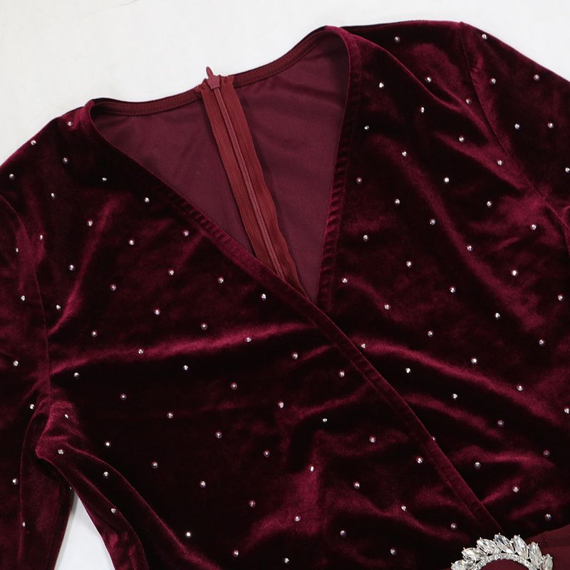 Women's Clothing CY901578 women's clothing sexy V neck long sleeved hot diamond jumpsuit slim wide leg pants_voghion.com