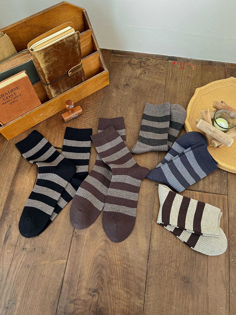 Crew Socks Men's Striped Cashmere Socks For Autumn And Winter, Versatile And Casual, Soft And Sticky Socks, Fashionable Coffee Colored Pile Socks_voghion.com