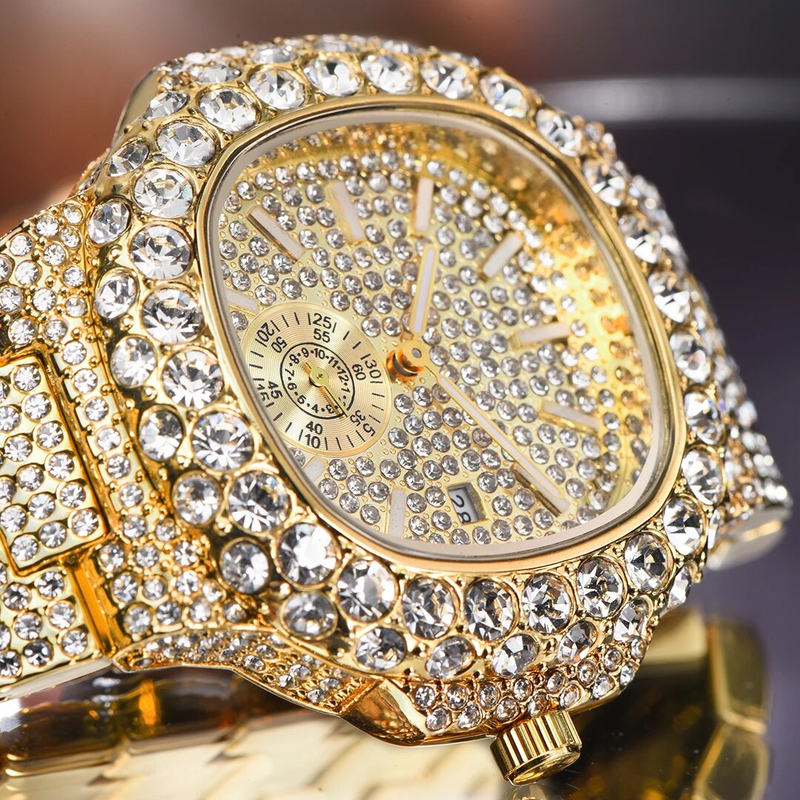 MISSFOX Ceasuri Bărbați Automatic Data Fashion Hip Hop Iced Diamond Bling Waterproof Gold Quartz Wrist Watch Mans Reloj 2023_voghion.com