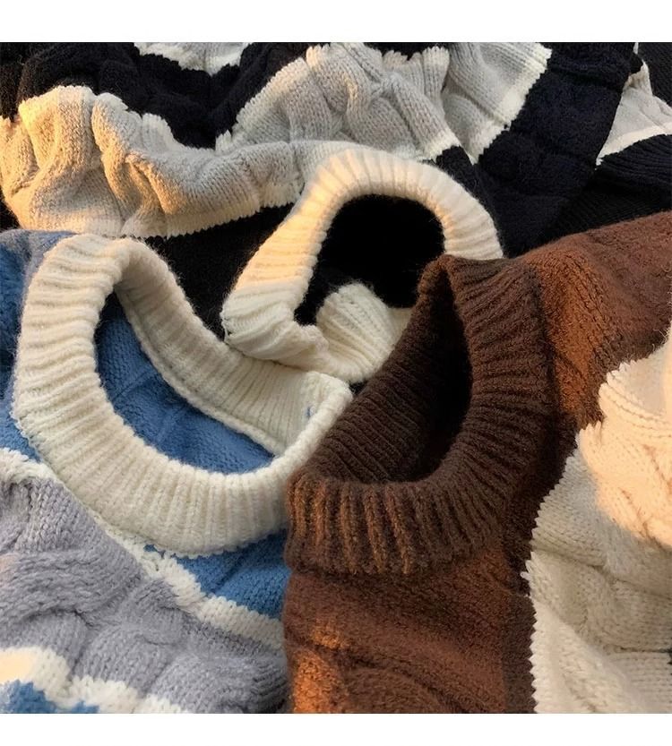 Gestreepte gebreide herentrui – dikke trui met ronde hals van katoenmix (bruin/blauw/zwart, M-XXXL)_voghion.com