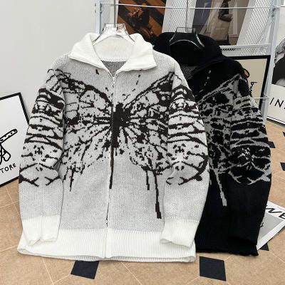 Herren-Vintage-Cardigan mit Schmetterlings-Reißverschluss – Weicher, wachsartiger Strickpullover für Herbst/Winter (Schwarz/Grau, M-XXL)_voghion.com