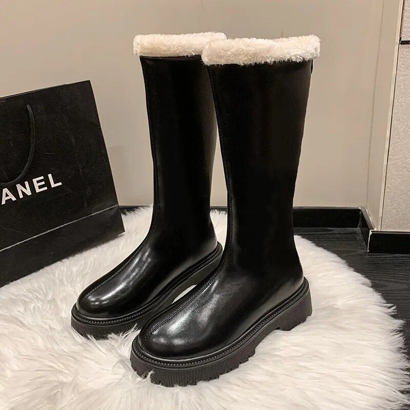 New Women's Leather High-top Snow Pile Warm And Comfortable Solid Color Boots, Fashion Boots_voghion.com