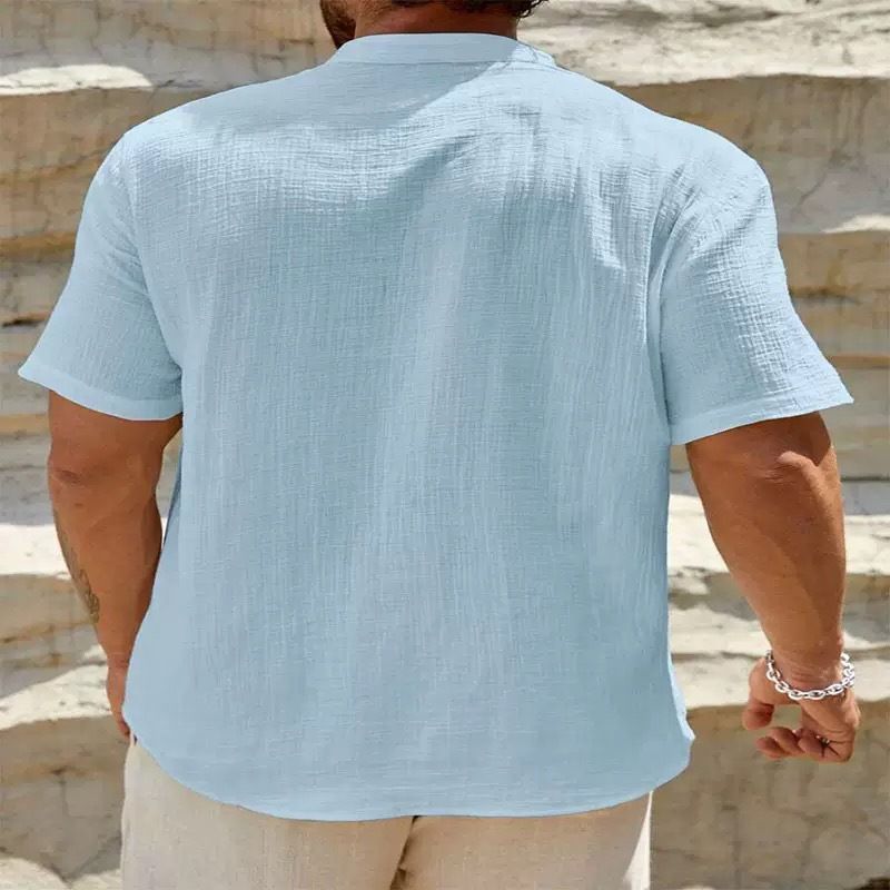 Camicia da uomo a maniche corte con colletto cubano, tinta unita, in cotone e lino a doppio strato_voghion.com