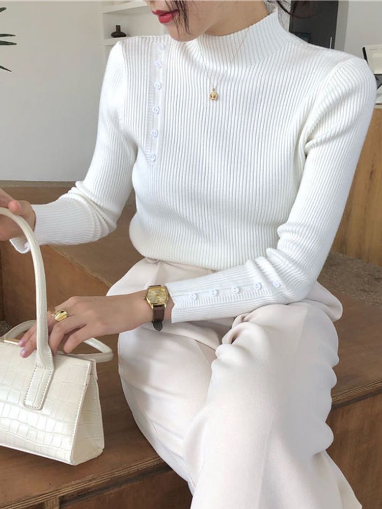 Maglione lavorato a maglia da donna, a maniche lunghe, con bottoni, a collo alto, sottile, per autunno e inverno, morbido e caldo, con fondo alto_voghion.com