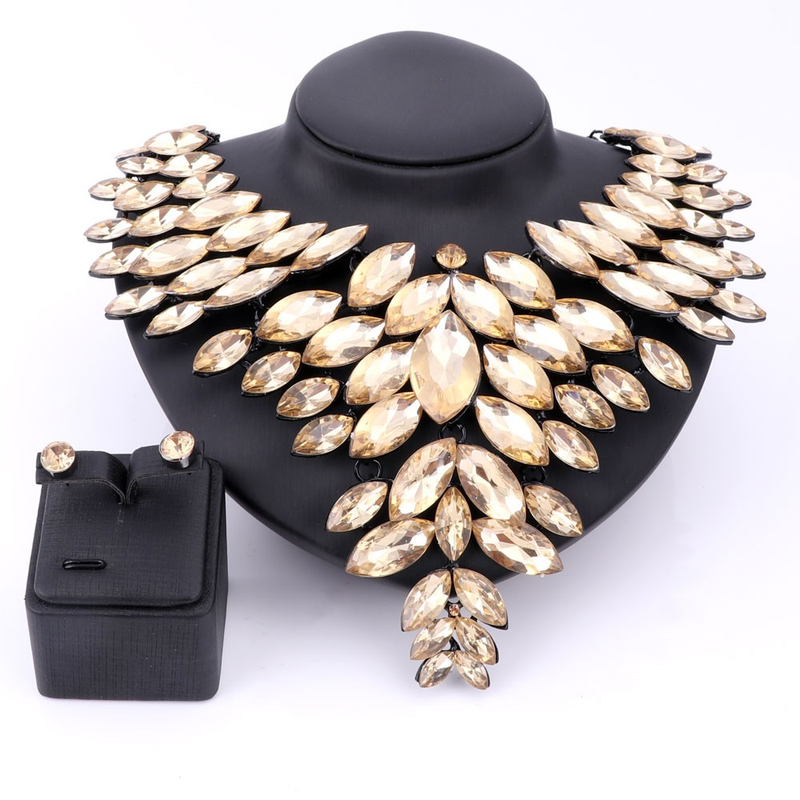 Schwarze Kette Kristall Braut Statement-Schmuck-Set für Bräute Halskette Ohrring Hochzeit Zubehör Schmuck-Sets_voghion.com