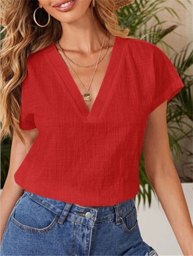 Roupas femininas Nova cor sólida algodão e linho solto manga curta gola V camisa de manga curta_voghion.com